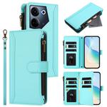 For Tecno Camon 20 4G / 20 Pro 4G Magnetic Closure 9 Card Slots Zipper Leather Case with Hand Strap(Mint Green)