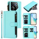 For Tecno Camon 20 Pro 5G Magnetic Closure 9 Card Slots Zipper Leather Case with Hand Strap(Mint Green)
