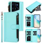 For Tecno Pova 5 Pro 5G Magnetic Closure 9 Card Slots Zipper Leather Case with Hand Strap(Mint Green)