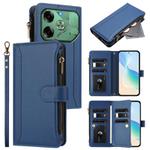 For Tecno Pova 6 4G Magnetic Closure 9 Card Slots Zipper Leather Case with Hand Strap(Dark Blue)