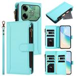 For Tecno Pova 6 4G Magnetic Closure 9 Card Slots Zipper Leather Case with Hand Strap(Mint Green)