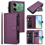 For Tecno Pova 6 4G Magnetic Closure 9 Card Slots Zipper Leather Case with Hand Strap(Purple)