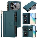 For Tecno Pova 6 5G / 6 Pro 5G Magnetic Closure 9 Card Slots Zipper Leather Case with Hand Strap(Dark Green)