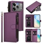 For Tecno Pova 6 5G / 6 Pro 5G Magnetic Closure 9 Card Slots Zipper Leather Case with Hand Strap(Purple)