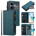 For Tecno Pova 6 Neo 5G Magnetic Closure 9 Card Slots Zipper Leather Case with Hand Strap(Dark Green)
