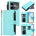 For Tecno Pova 6 Neo 5G Magnetic Closure 9 Card Slots Zipper Leather Case with Hand Strap(Mint Green)