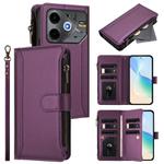 For Tecno Pova 6 Neo 5G Magnetic Closure 9 Card Slots Zipper Leather Case with Hand Strap(Purple)