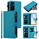 For Tecno Pova Neo 2 Magnetic Closure 9 Card Slots Zipper Leather Case with Hand Strap(Turquoise)