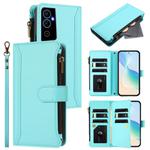 For Tecno Pova Neo 2 Magnetic Closure 9 Card Slots Zipper Leather Case with Hand Strap(Mint Green)