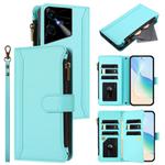 For Tecno Pova Neo 3 Magnetic Closure 9 Card Slots Zipper Leather Case with Hand Strap(Mint Green)
