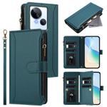 For Tecno Spark 10 5G Magnetic Closure 9 Card Slots Zipper Leather Case with Hand Strap(Dark Green)