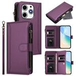 For Tecno Spark 10 Pro Magic Magenta Magnetic Closure 9 Card Slots Zipper Leather Case with Hand Strap(Purple)