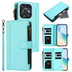 For Tecno Spark 10C / Spark 10 4G Magnetic Closure 9 Card Slots Zipper Leather Case with Hand Strap(Mint Green)