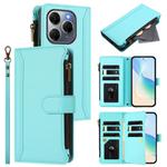 For Tecno Spark 20 Pro 5G Magnetic Closure 9 Card Slots Zipper Leather Case with Hand Strap(Mint Green)