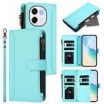 For Tecno Spark 30 5G Magnetic Closure 9 Card Slots Zipper Leather Case with Hand Strap(Mint Green)
