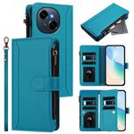 For Tecno Spark Go 1 / 1S / Pop 9 Magnetic Closure 9 Card Slots Zipper Leather Case with Hand Strap(Turquoise)