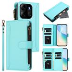 For Tecno Spark Go 2023 / Pop 7 Magnetic Closure 9 Card Slots Zipper Leather Case with Hand Strap(Mint Green)