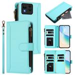 For Asus Zenfone 11 Ultra Magnetic Closure 9 Card Slots Zipper Leather Case with Hand Strap(Mint Green)