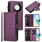 For Huawei Mate 60 Magnetic Closure 9 Card Slots Zipper Leather Case with Hand Strap(Purple)