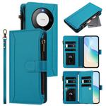For Huawei Mate 60 Pro / 60 Pro+ Magnetic Closure 9 Card Slots Zipper Leather Case with Hand Strap(Turquoise)