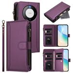 For Huawei Mate 60 Pro / 60 Pro+ Magnetic Closure 9 Card Slots Zipper Leather Case with Hand Strap(Purple)