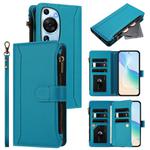 For Huawei P60 Art Magnetic Closure 9 Card Slots Zipper Leather Case with Hand Strap(Turquoise)