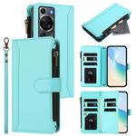 For Huawei P60 / P60 Pro Magnetic Closure 9 Card Slots Zipper Leather Case with Hand Strap(Mint Green)
