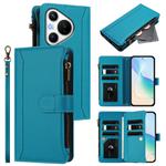 For Huawei Pura 70 Magnetic Closure 9 Card Slots Zipper Leather Case with Hand Strap(Turquoise)