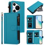 For Huawei Pura 70 Pro 5G / 70 Pro+ 5G Magnetic Closure 9 Card Slots Zipper Leather Case with Hand Strap(Turquoise)