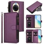 For Huawei nova 14 Magnetic Closure 9 Card Slots Zipper Leather Case with Hand Strap(Purple)