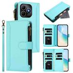 For Huawei Enjoy 80s 4G Magnetic Closure 9 Card Slots Zipper Leather Case with Hand Strap(Mint Green)