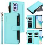 For OnePlus 9 Magnetic Closure 9 Card Slots Zipper Leather Case with Hand Strap(Mint Green)