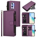 For OnePlus 9 Magnetic Closure 9 Card Slots Zipper Leather Case with Hand Strap(Purple)