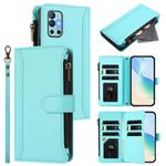 For OnePlus 9R / 8T Magnetic Closure 9 Card Slots Zipper Leather Case with Hand Strap(Mint Green)