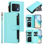 For OnePlus 10 Pro 5G Magnetic Closure 9 Card Slots Zipper Leather Case with Hand Strap(Mint Green)