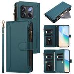 For OnePlus 10T 5G Global Magnetic Closure 9 Card Slots Zipper Leather Case with Hand Strap(Dark Green)