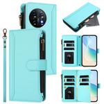 For OnePlus 11 Magnetic Closure 9 Card Slots Zipper Leather Case with Hand Strap(Mint Green)