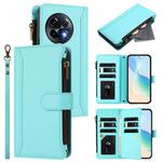 For OnePlus 11R 5G Global Magnetic Closure 9 Card Slots Zipper Leather Case with Hand Strap(Mint Green)