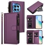 For OnePlus 12 5G Global Magnetic Closure 9 Card Slots Zipper Leather Case with Hand Strap(Purple)