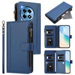 For OnePlus 12R 5G Global Magnetic Closure 9 Card Slots Zipper Leather Case with Hand Strap(Dark Blue)
