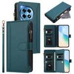 For OnePlus 12R 5G Global Magnetic Closure 9 Card Slots Zipper Leather Case with Hand Strap(Dark Green)