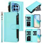For OnePlus 12R 5G Global Magnetic Closure 9 Card Slots Zipper Leather Case with Hand Strap(Mint Green)