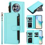 For OnePlus Ace 2 Pro 5G Magnetic Closure 9 Card Slots Zipper Leather Case with Hand Strap(Mint Green)