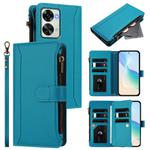 For OnePlus Nord 2T Magnetic Closure 9 Card Slots Zipper Leather Case with Hand Strap(Turquoise)