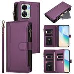 For OnePlus Nord 2T Magnetic Closure 9 Card Slots Zipper Leather Case with Hand Strap(Purple)