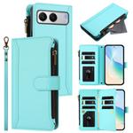 For OnePlus Nord 4 5G Global Magnetic Closure 9 Card Slots Zipper Leather Case with Hand Strap(Mint Green)