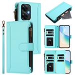 For OnePlus Nord CE 3 Lite 5G Magnetic Closure 9 Card Slots Zipper Leather Case with Hand Strap(Mint Green)