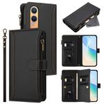 For OnePlus Nord CE4 Lite 5G Global Magnetic Closure 9 Card Slots Zipper Leather Case with Hand Strap(Black)