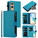 For OnePlus Nord CE4 Lite 5G Global Magnetic Closure 9 Card Slots Zipper Leather Case with Hand Strap(Turquoise)