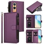 For OnePlus Nord CE4 Lite 5G Global Magnetic Closure 9 Card Slots Zipper Leather Case with Hand Strap(Purple)
